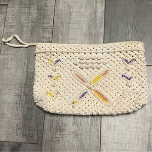 Vintage Crochet Boho Knitted Floral Appliqué Ivory Festival Wristlet Clutch